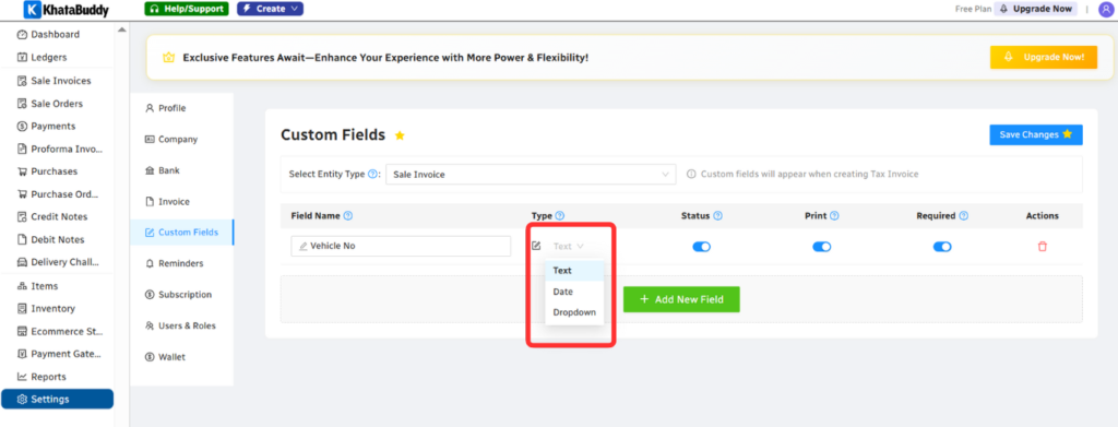 Selecting a field type such as text, number, or dropdown for custom fields